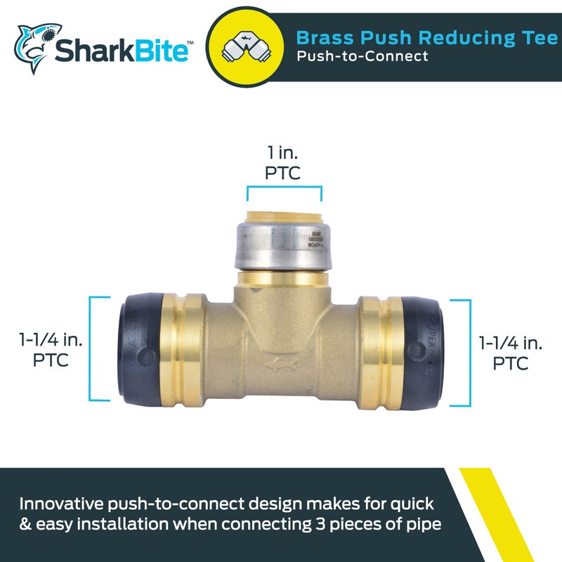 SharkBite 1-1/4 Inch x 1-1/4 Inch x 1 Inch Reducing Tee, Push to Connect Brass Plumbing Fitting, PEX Pipe, Copper, CPVC, PE-RT, HDPE, UXL08353528 - Image 2
